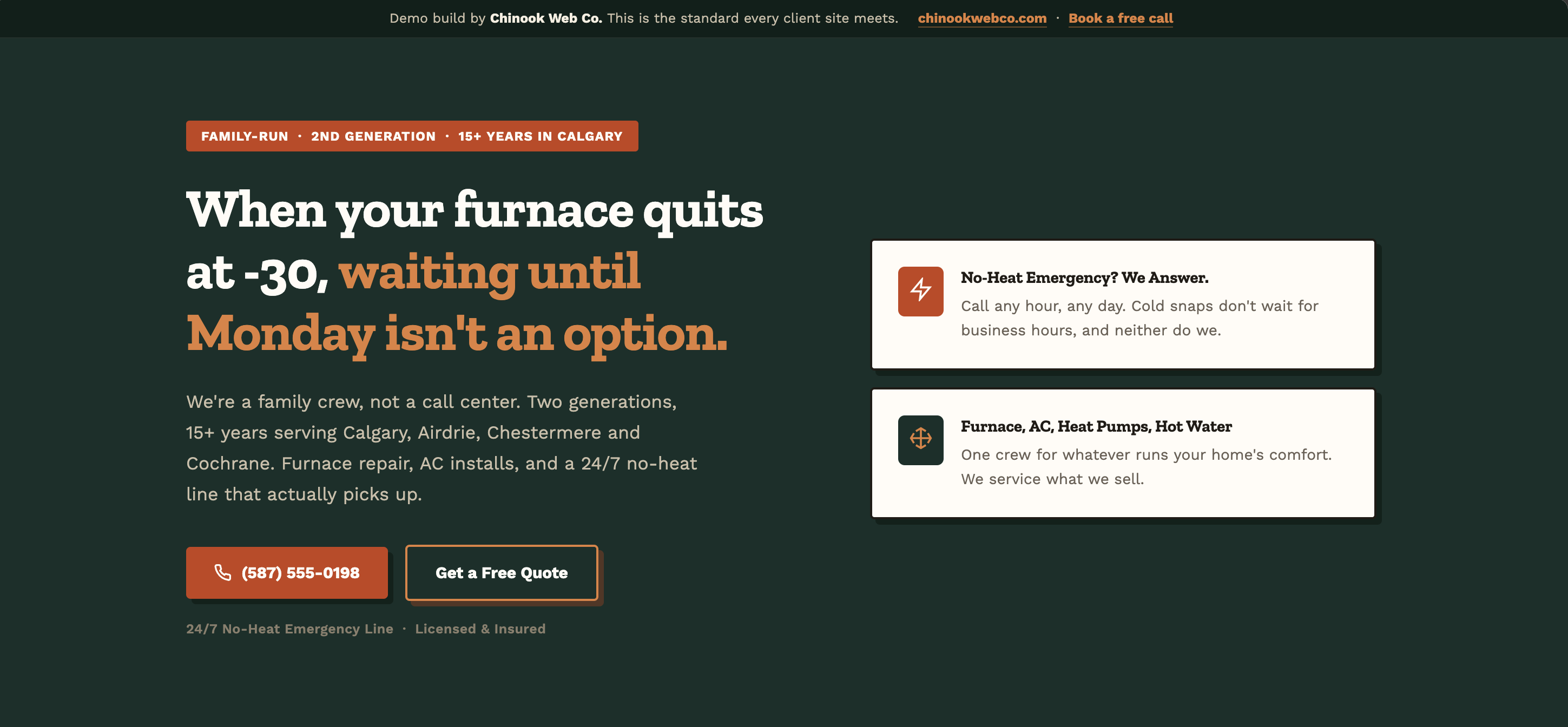 Solheim Heating and Cooling demo website by Chinook Web Co.
